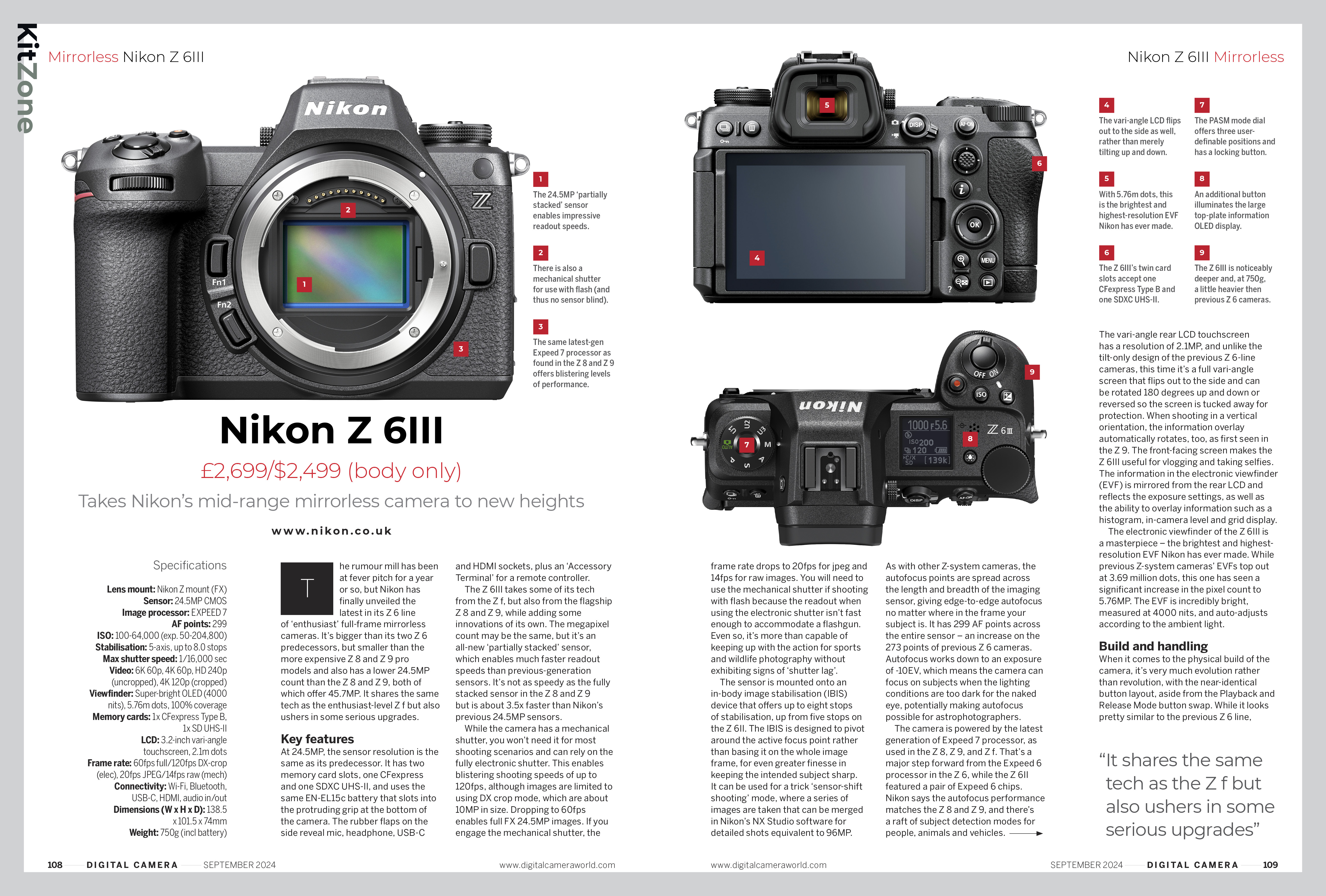 The first two pages of the Nikon Z 6III review in the September 2024 issue of Digital Camera Magazine