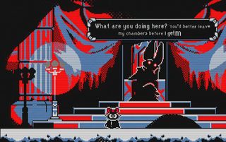A screenshot from Everdeep Aurora showing the cat protagonist in the chambers of a regal rabbit