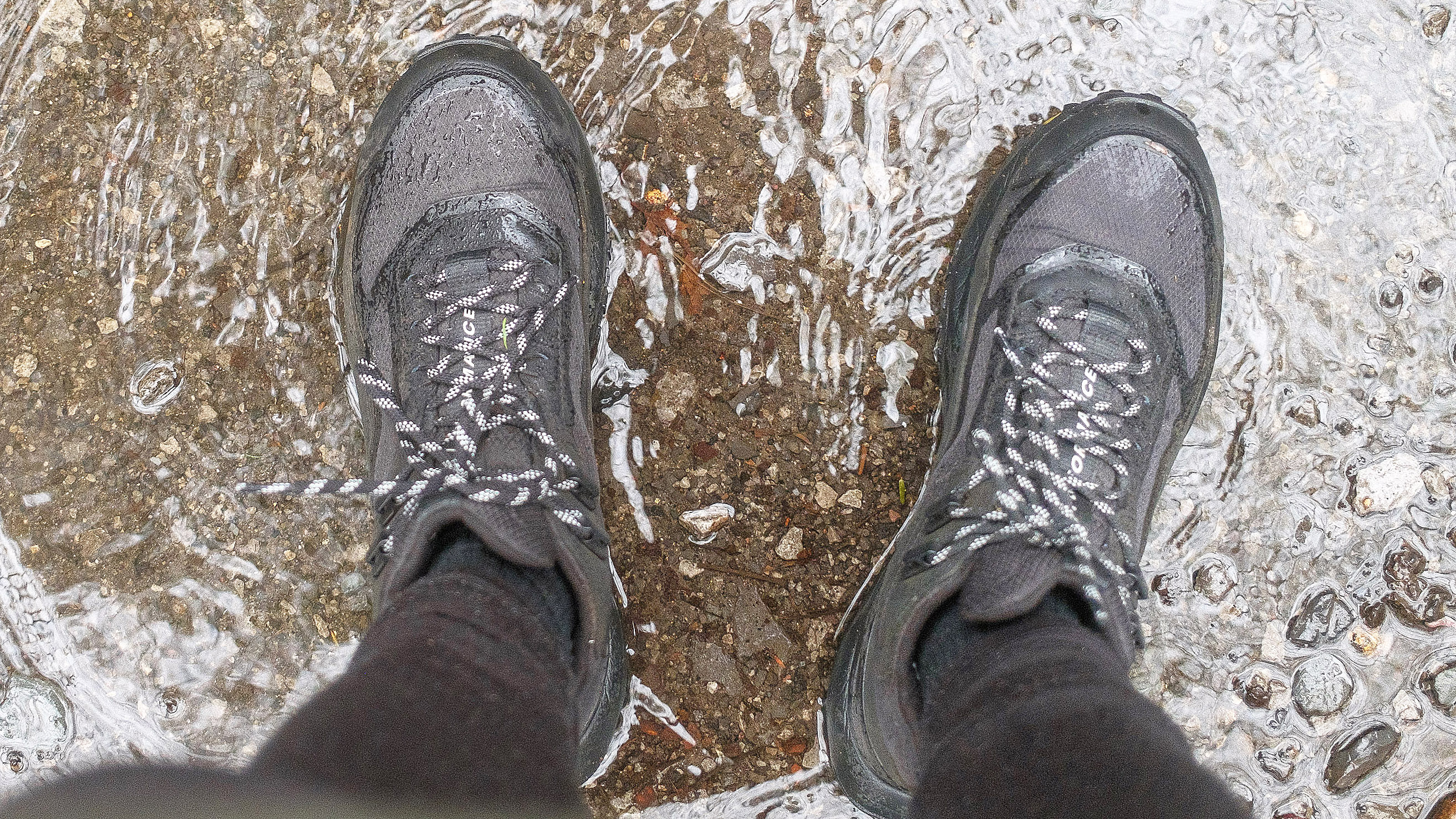 Straight-down shot of the Timberland Motion Access Mid Waterproof Sneakers (black) in a puddle