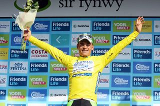 Eduardo Zardini on the podium after taking the overall lead on Stage 3 of the 2014 Tour of Britain