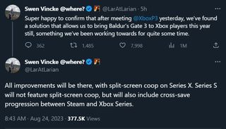 Swen Vincke: Super happy to confirm that after meeting @XboxP3 yesterday, we’ve found a solution that allows us to bring Baldur’s Gate 3 to Xbox players this year still, something we’ve been working towards for quite some time. All improvements will be there, with split-screen coop on Series X. Series S will not feature split-screen coop, but will also include cross-save progression between Steam and Xbox Series.