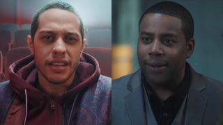 From left to right: Pete Davidson looking a bit confused in an SNL sketch and Kenan Thompson looking flummoxed in an SNL sketch. 