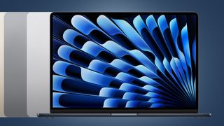 Flera MacBook Air 15"-modeller visas upp mot en mörkblå bakgrund.