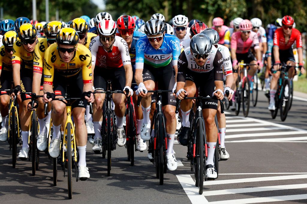 PEER BELGIUM AUGUST 26 Tim Wellens of Belgium and UAE Team Emirates Blue Leader Jersey competes during the 19th Renewi Tour 2023 Stage 4 a 1794km stage from Beringen to Peer UCIWT on August 26 2023 in Peer Belgium Photo by Bas CzerwinskiGetty Images