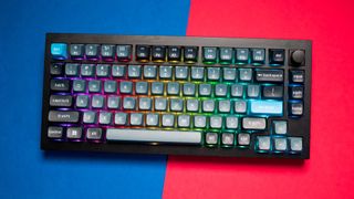 Keychron Q1 Pro with RGB lighting on red and blue background