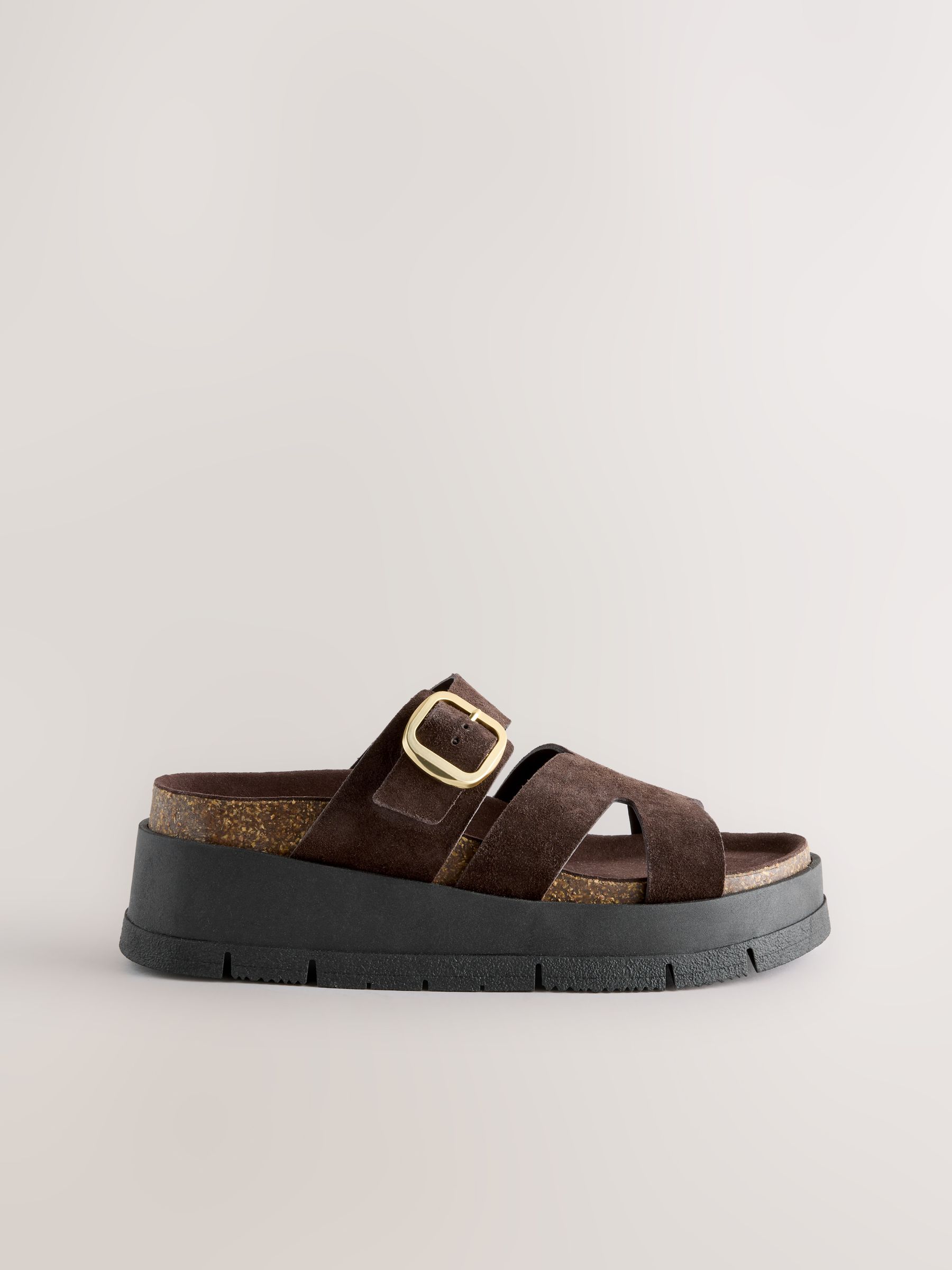 Chocolate Brown Suede Leather Strap Buckle Detail Sandals
