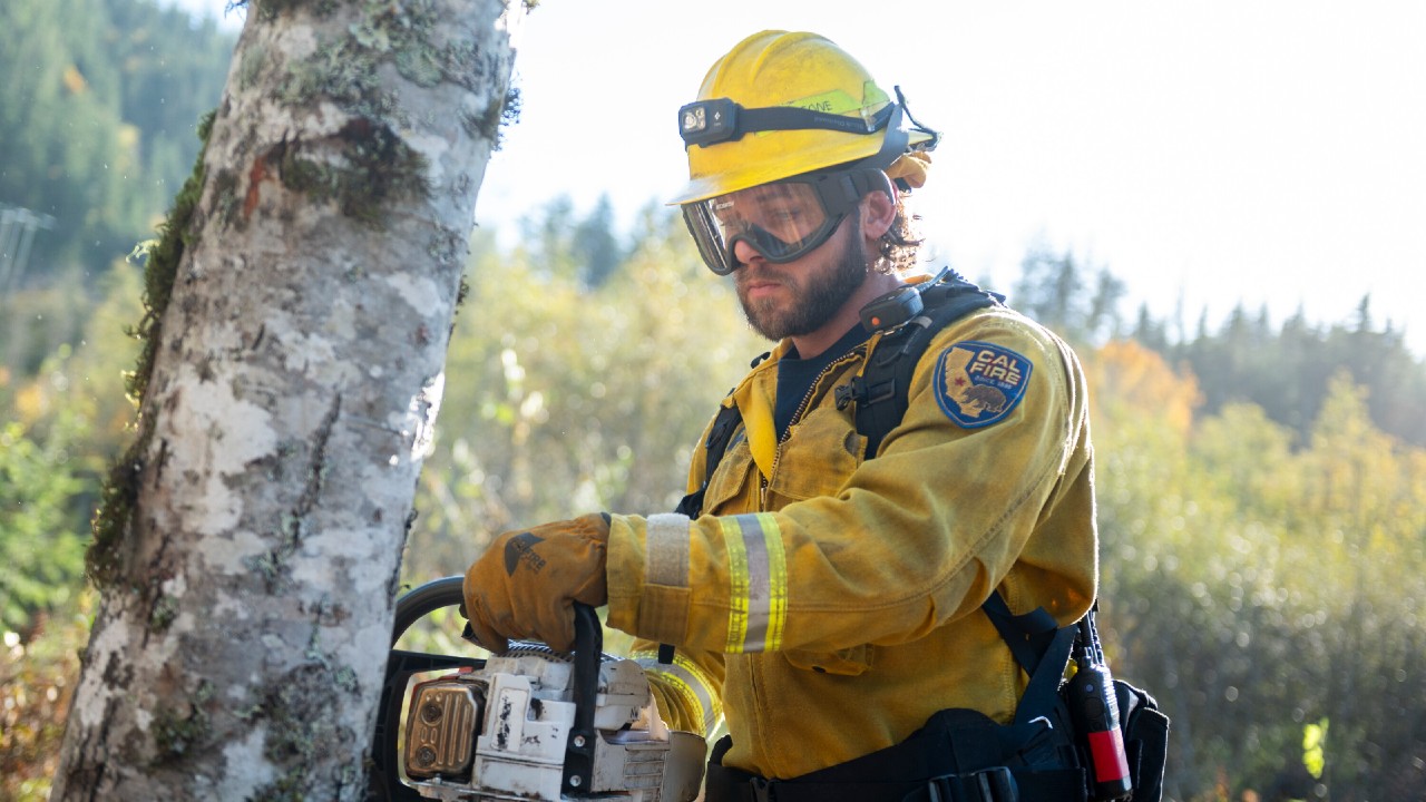 Bode cutting down a tree with a chainsaw in Fire Country