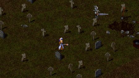 Top-down screenshot from Dark Ages, showing a cleric in a bright robe standing alone in a dark graveyard full of tombstones.