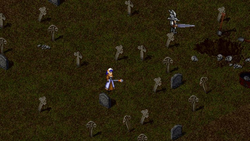 Top-down screenshot from Dark Ages, showing a cleric in a bright robe standing alone in a dark graveyard full of tombstones.