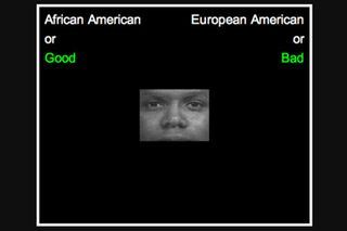 One screen participants would see in an IAT about race.They’re asked to sort the face to the left or the right.