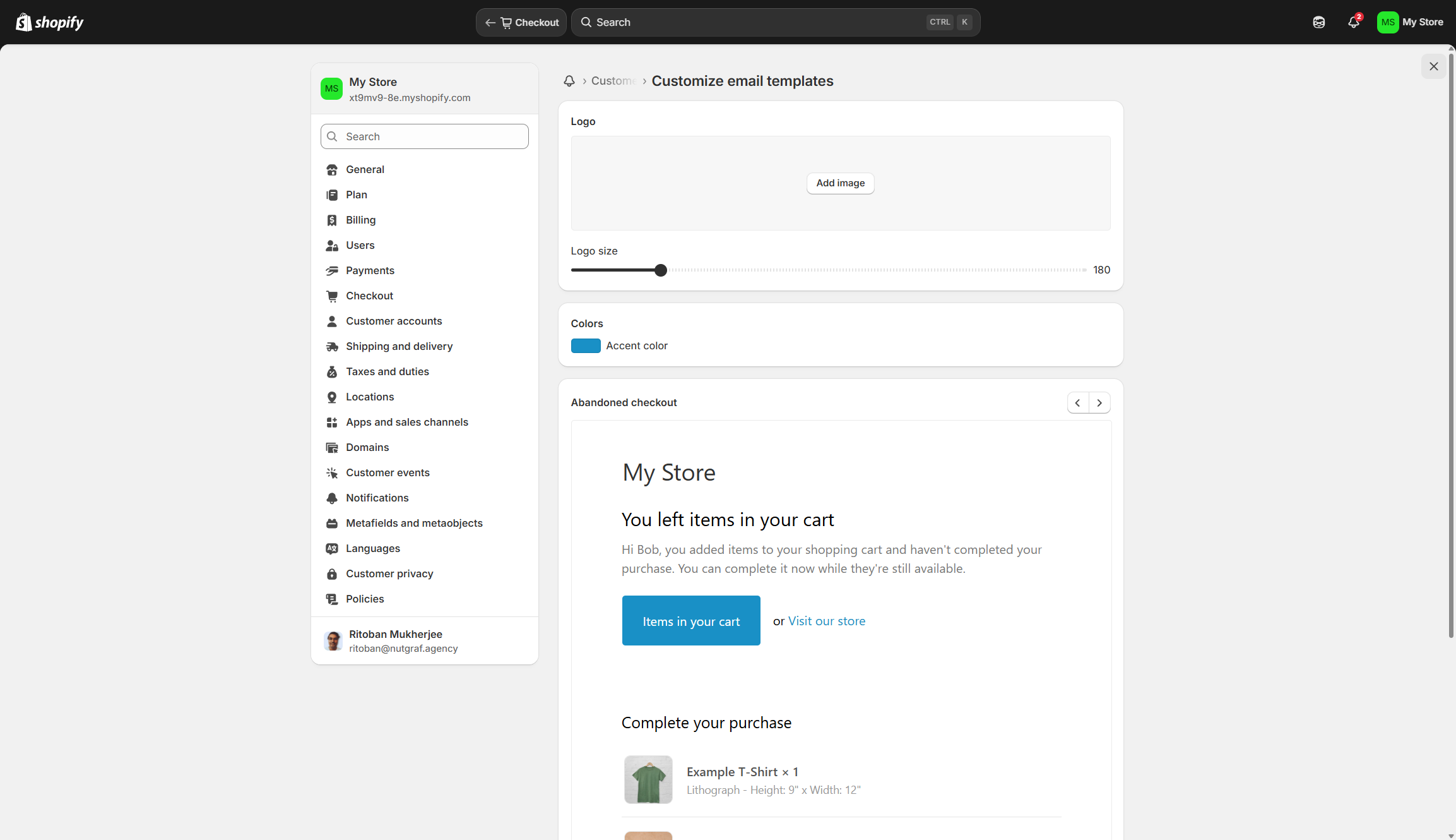 Screenshot of Shopify abandoned cart recovery email page