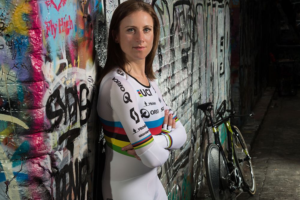 Annemiek van Vleuten (Orica-Scott) shows off her new time trial world champion's kit on a graffiti background