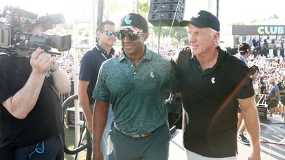 Majed Al Sorour, CEO of Saudi Golf Federation, and Greg Norman, CEO and commissioner of LIV Golf after the team championship strokeplay round of the LIV Golf Invitational Miami 