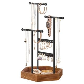 Songmics Jewelry Holder Organizer, 4 Independent Zones, Jewelry Display Stand, Metal Frame, Necklace Earring Bracelet Holder, for Rings, Valentine's Day Gift, Black and Caramel Brown Ujjs03cb