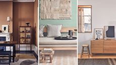 three images of wood used in interiors on dining table, sofa frame and sideboard and window frames to show how to mix wood tones around the home