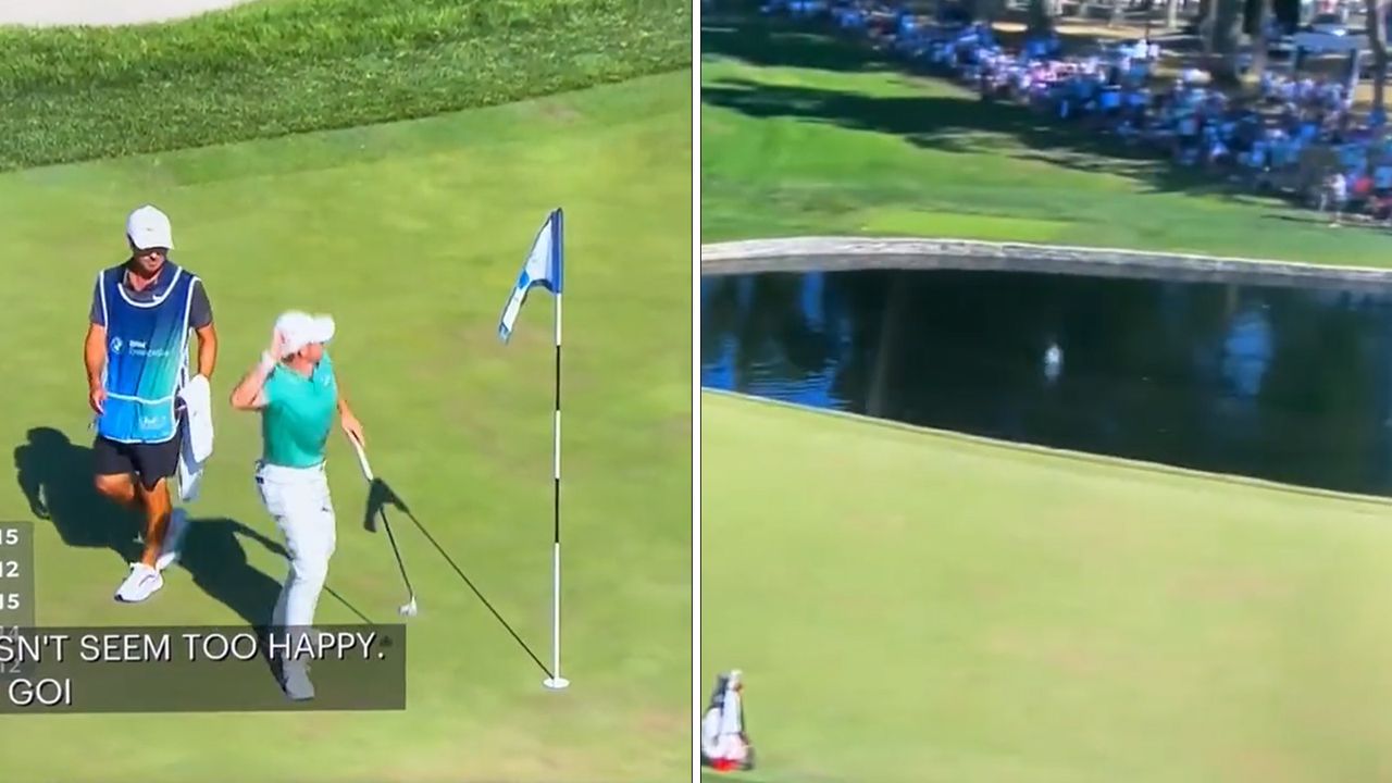 Rory McIlroy throwing a fan&#039;s remote control golf ball into a pond