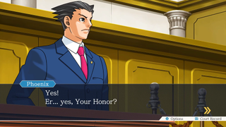 best Nintendo DS games – Ace Attorney protagonist Phoenix Wright standing at a podium and saying "er, yes your Honor?"