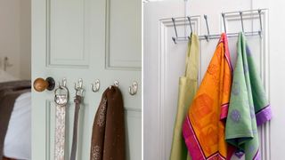 door storage hooks and rack on the back of doors to show how to make a small room look bigger on a budget