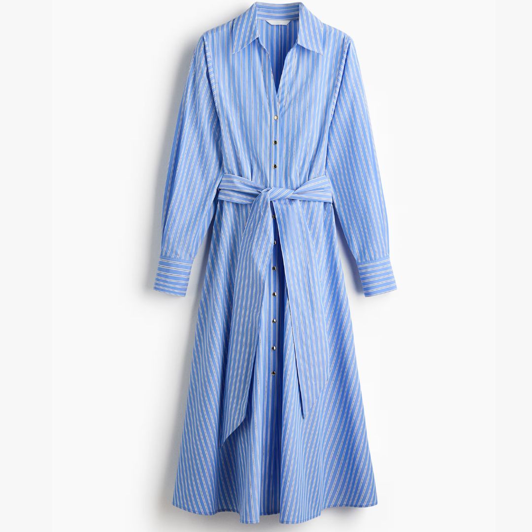 H&amp;amp;M Blue Striped Midi-Length Shirt Dress