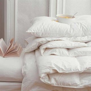 bedroom with white bowl and book on white cushion