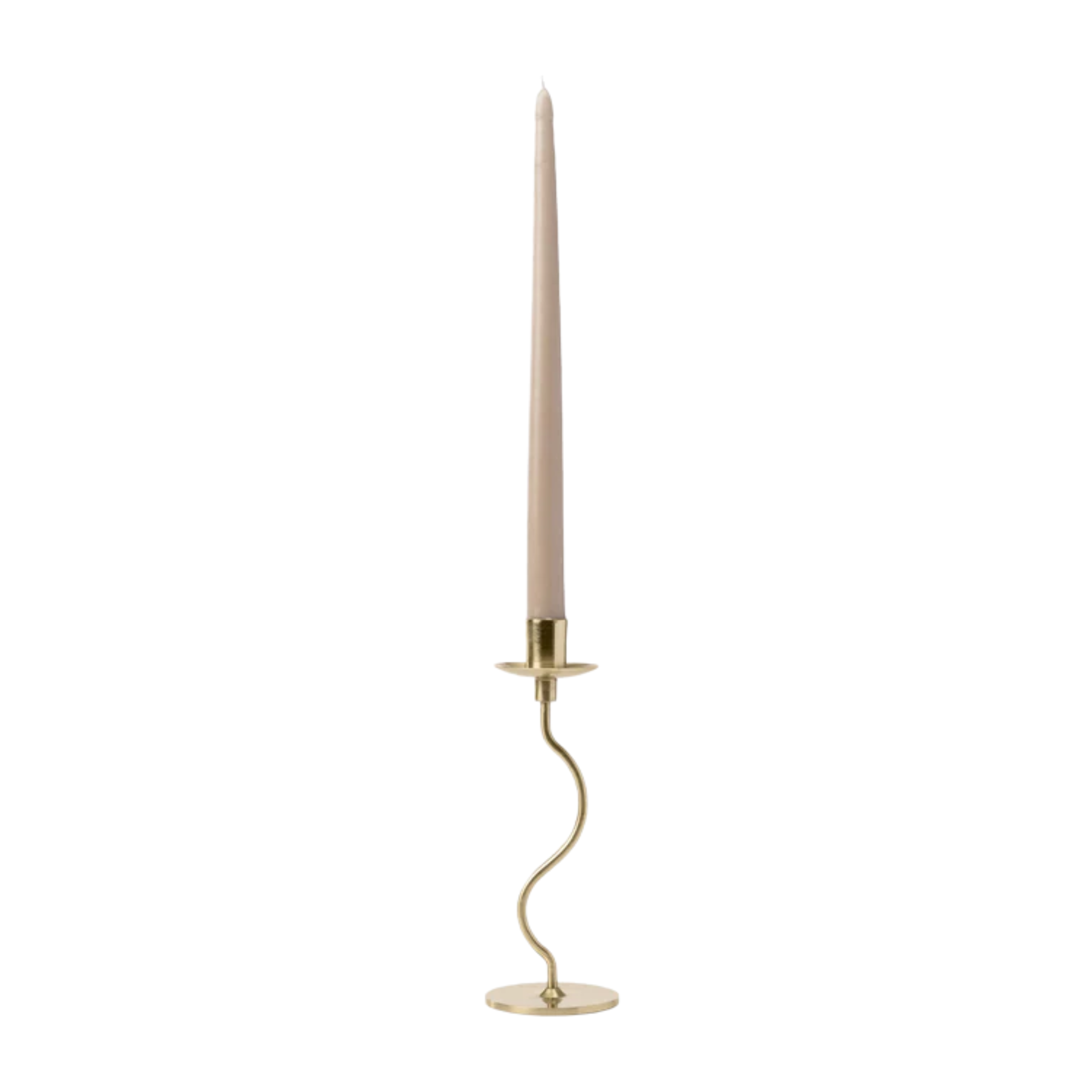 a squiggled candle holder holding a taper candle