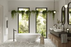 Modern bathroom with large windows and hanging plants