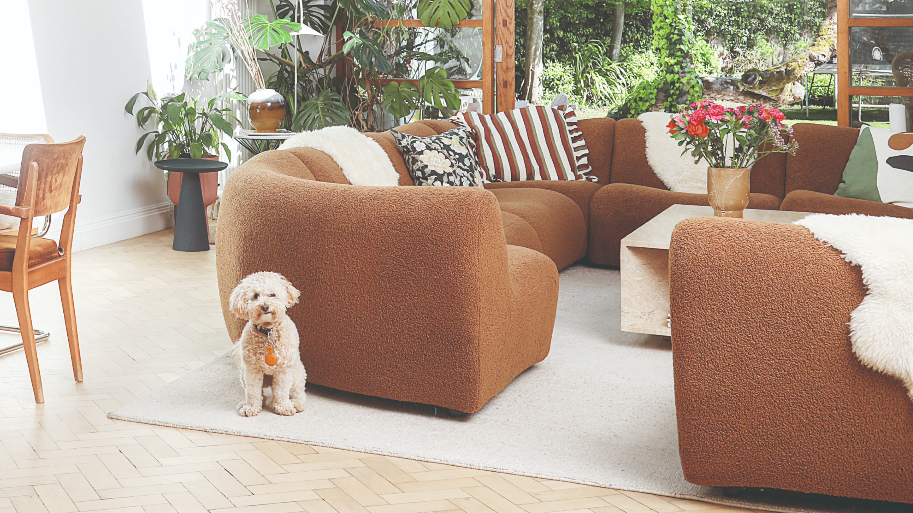 A white living room with a brown King Living 1977 modular sofa with a cream rug on the floor