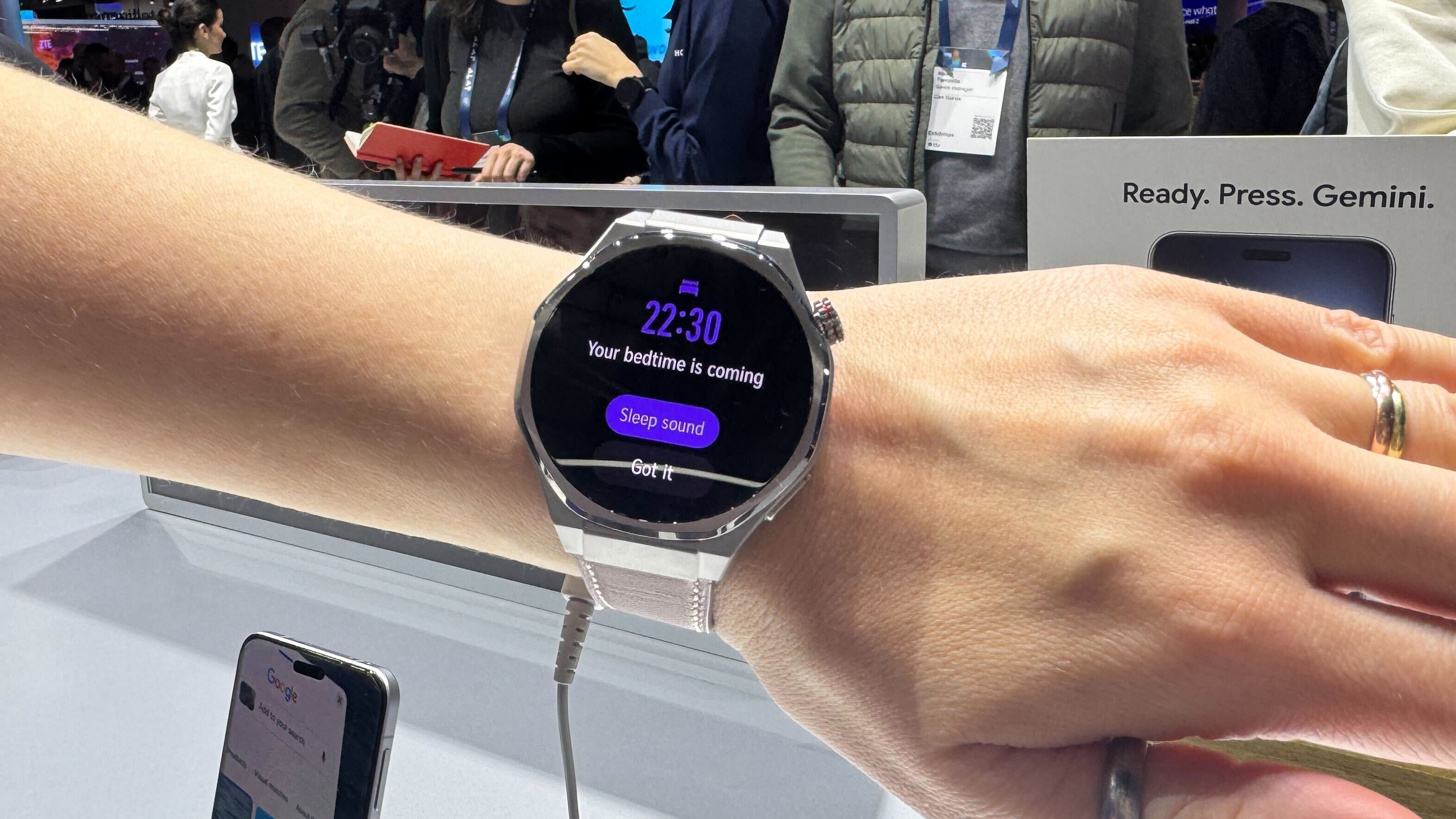 The Honor Watch 5 Ultra on a woman's arm at the MWC show