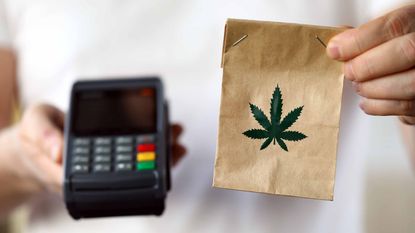 person holding small paper bag with marijuana leaf for weed delivery