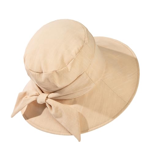 Comhats Sun Hats Women Linen Cotton Summer Upf 50 Wide Brim Bucket Hat for Ladies Uv Hat Packable Gardening Outdoor Bowknot Khaki Large Head