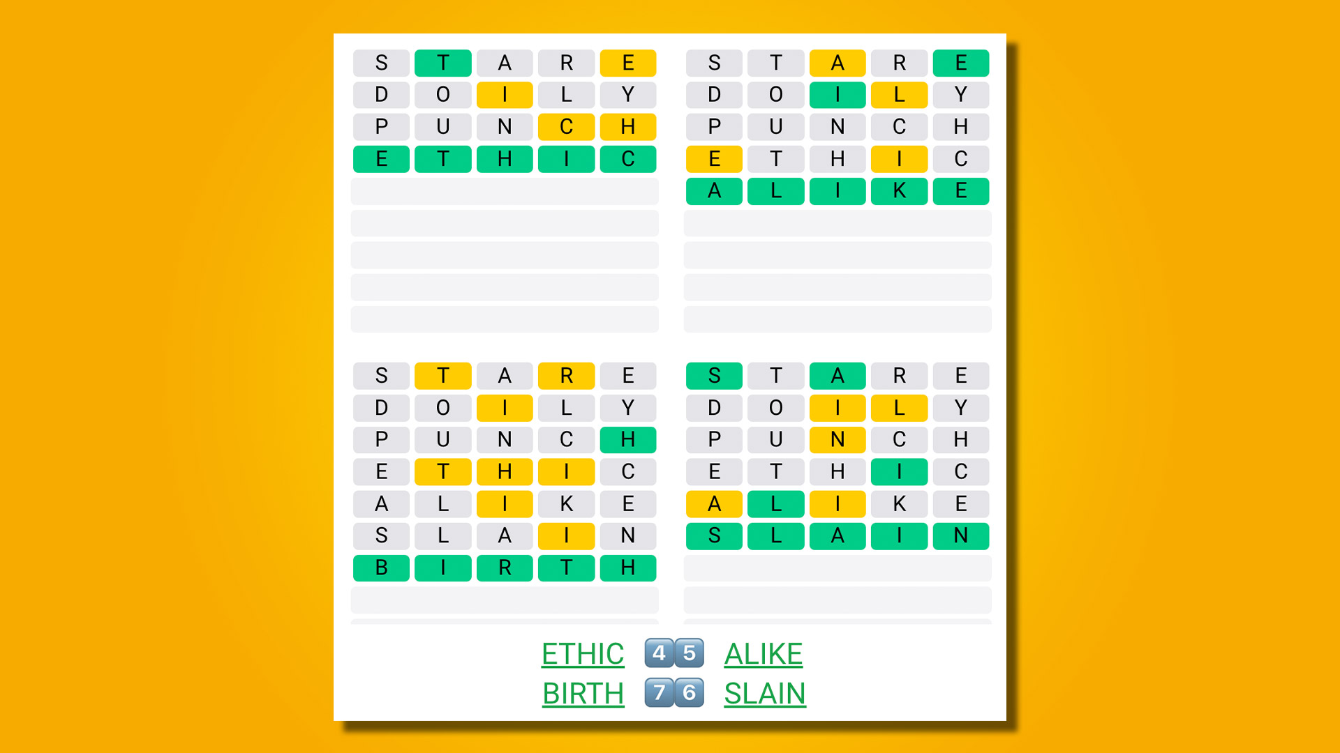 黄色背景上的 Quordle 462 答案