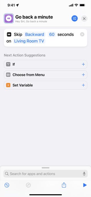 Screenshot of a shortcut called "Go back a minute" that uses the Skip Content action set to Backward for 60 seconds
