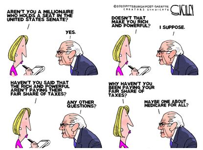 Political Cartoon U.S. Bernie Sanders millionaire taxes medicare for all