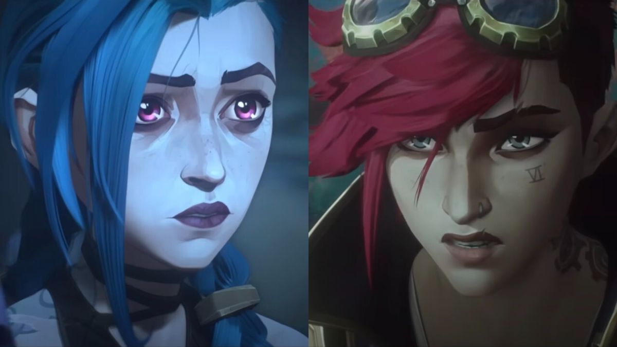 Side by side close up stills of Vi and Jinx from Arcane.