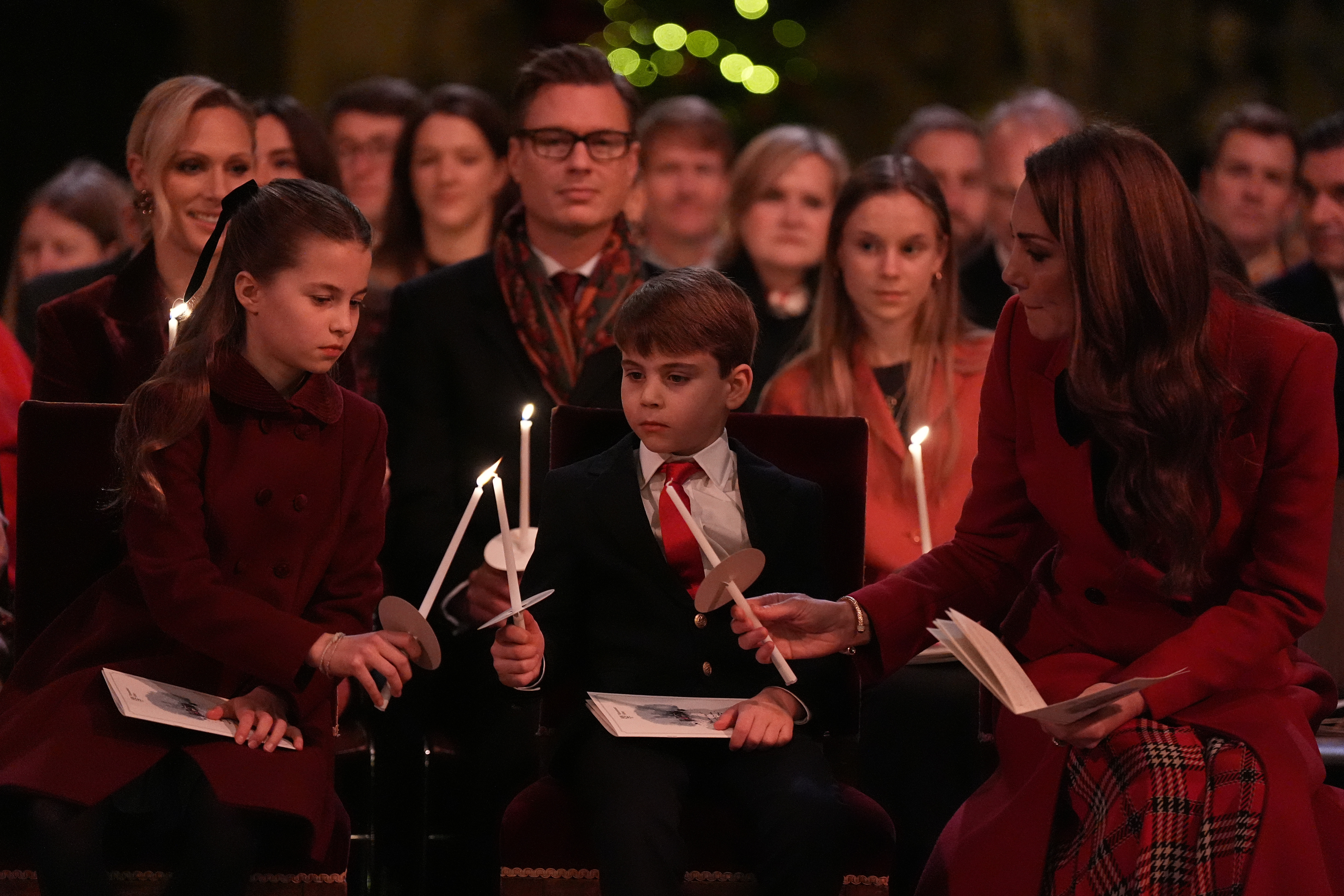 (left to right) Princess Charlotte, Prince Louis and the Princess of Wales during the Together At Christmas carol service at Westminster Abbey in London. Picture date: Friday December 6, 2024. PA Photo. See PA story ROYAL Kate. Photo credit should read: Aaron Chown/PA Wire