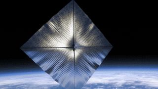 An artist's interpretation of a shiny silver solar sail in space above Earth