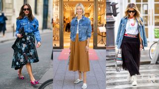 street style models showing how to style a denim jacket with skirts