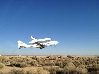 Space shuttle Endeavour takes off from Edwards Air Force Base near the Dryden Flight Research Facility in Southern California for its final ferry flight, a sightseeing trip over California, before arriving at its new museum home in Los Angeles on Sept. 21