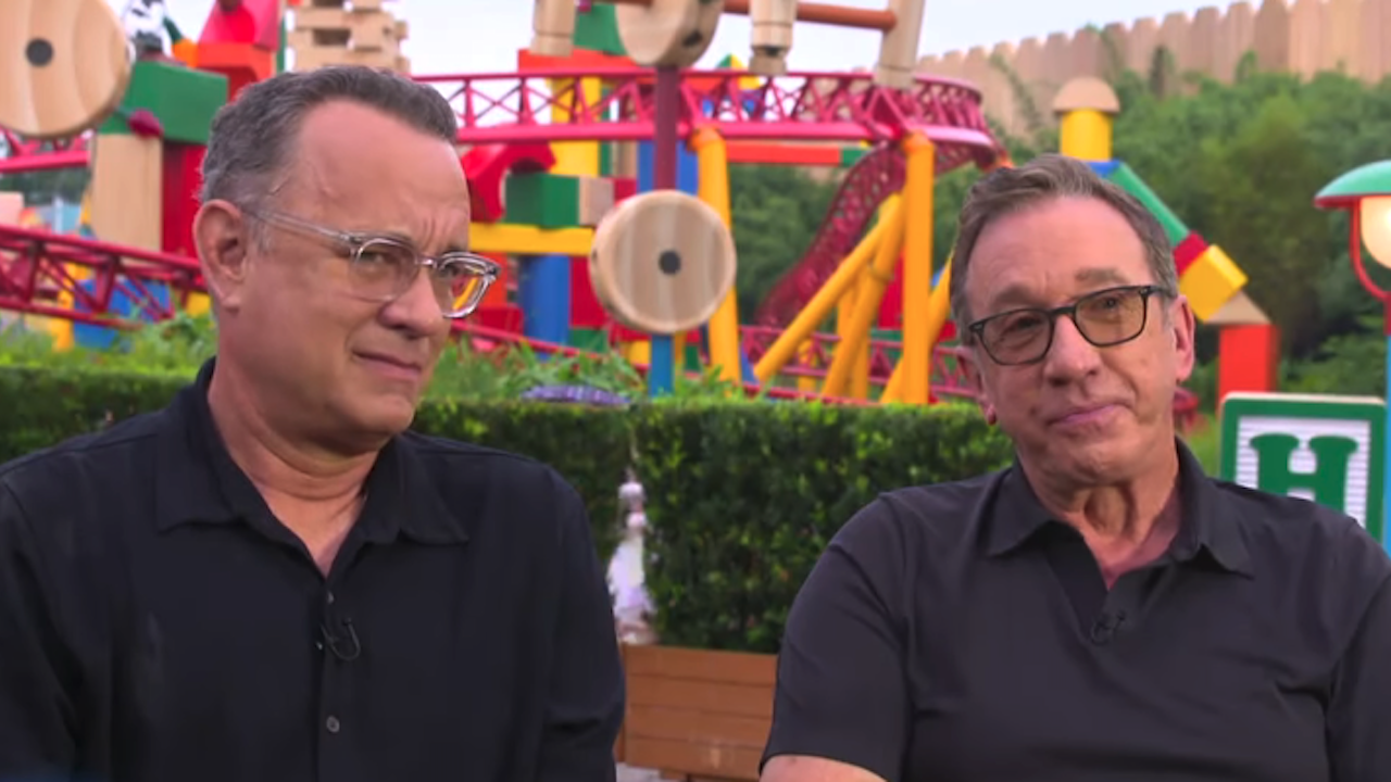 Tom Hanks and Tim Allen in an interview together in Toy Story Land for Toy Story 4 in 2019