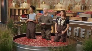 Kristen, Tom and Gail standing in grapes on Top Chef Season 21