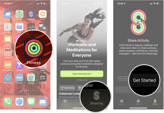Set Up Activity Sharing on iPhone: Launch Activity, tap Sharing, and then tap get started