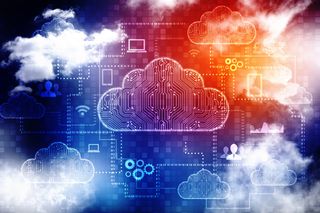 Multi cloud illustration on a blue and orange coloured background, with real cloud images overlaid