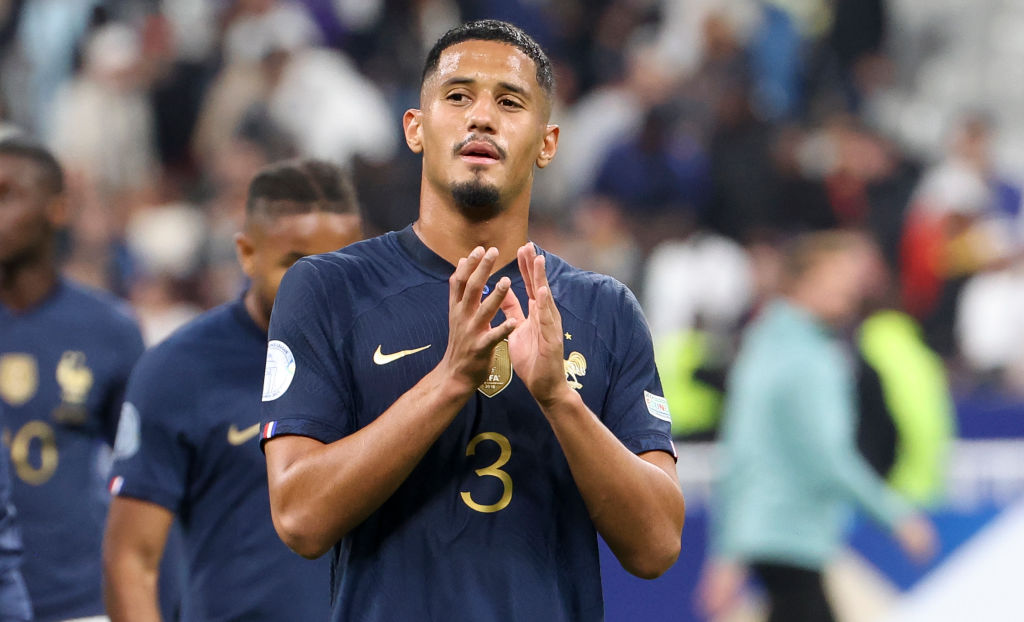 William Saliba of France salutes the fans following the UEFA Nations League League A Group 1 match between France and Austria at Stade de France on September 22, 2022 in Saint-Denis near Paris, France.