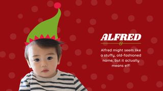 Baby wearing an elf hat to describe the meaning of the name Alfred on the popular baby names list