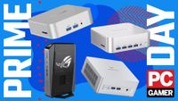Four mini PCs on a custom PC Gamer Prime Day background.