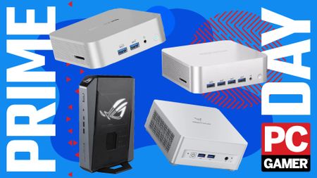 Four mini PCs on a custom PC Gamer Prime Day background.