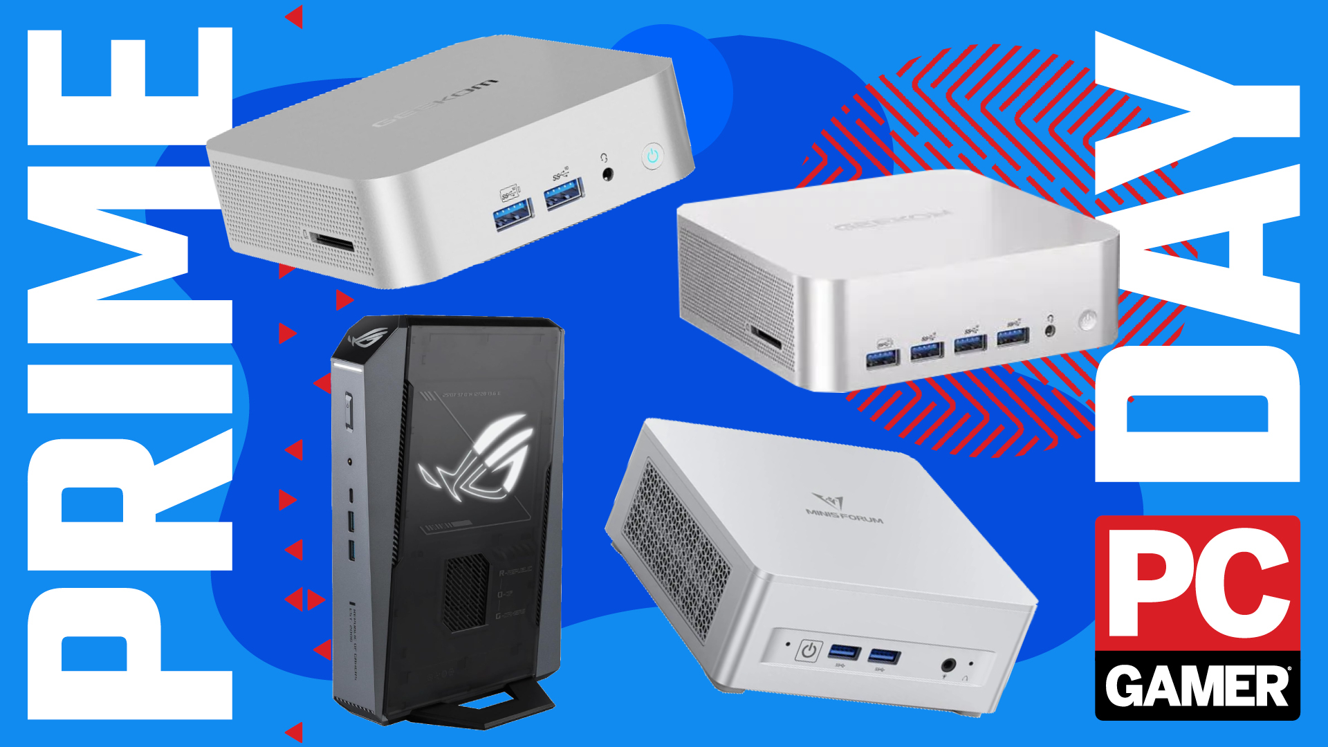 Four mini PCs on a custom PC Gamer Prime Day background.