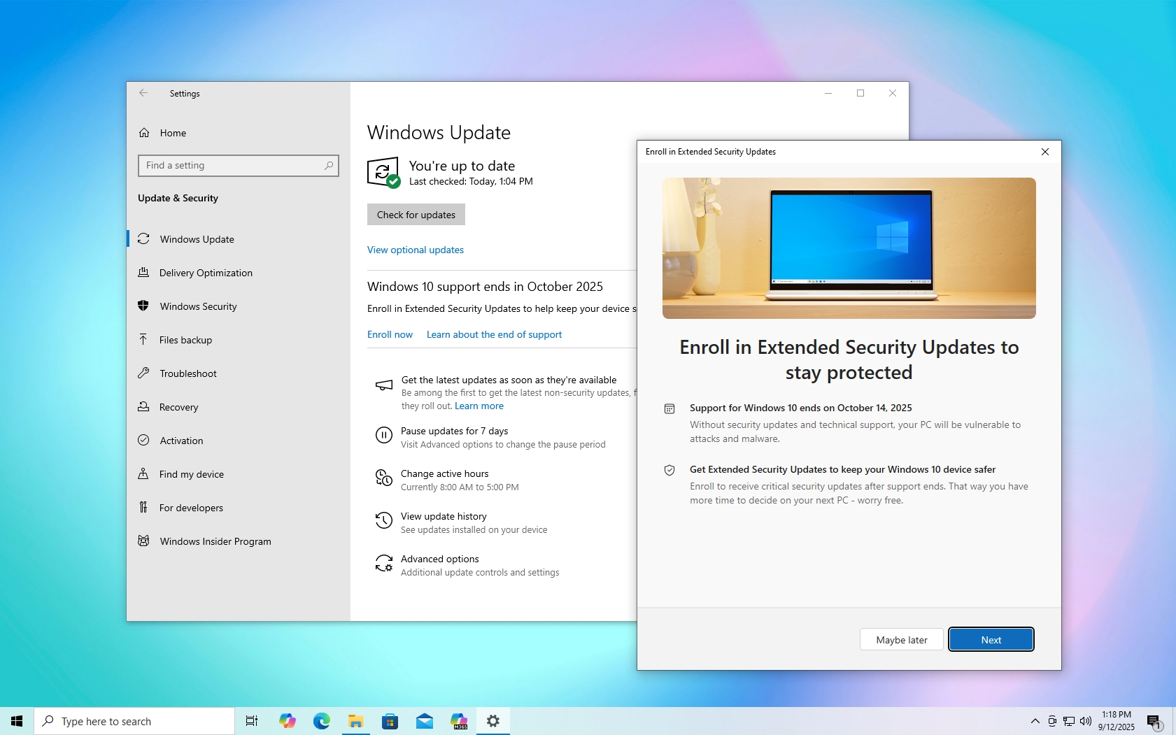 Windows 10 Extended Security Updates settings