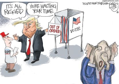 Political cartoon U.S. 2016 election Donald Trump voters rigged election