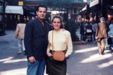 A vintage photo of a college couple in the 1980s.